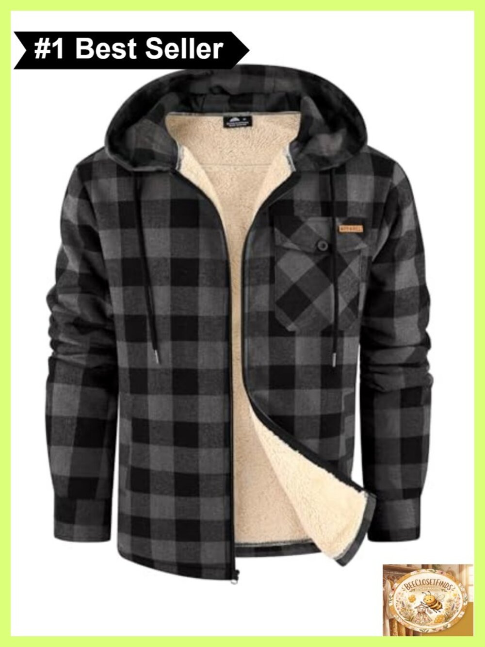 Men's Sherpa Lined Plaid Flannel Zip Up Hoodie Jacket Winter Warm Coat
